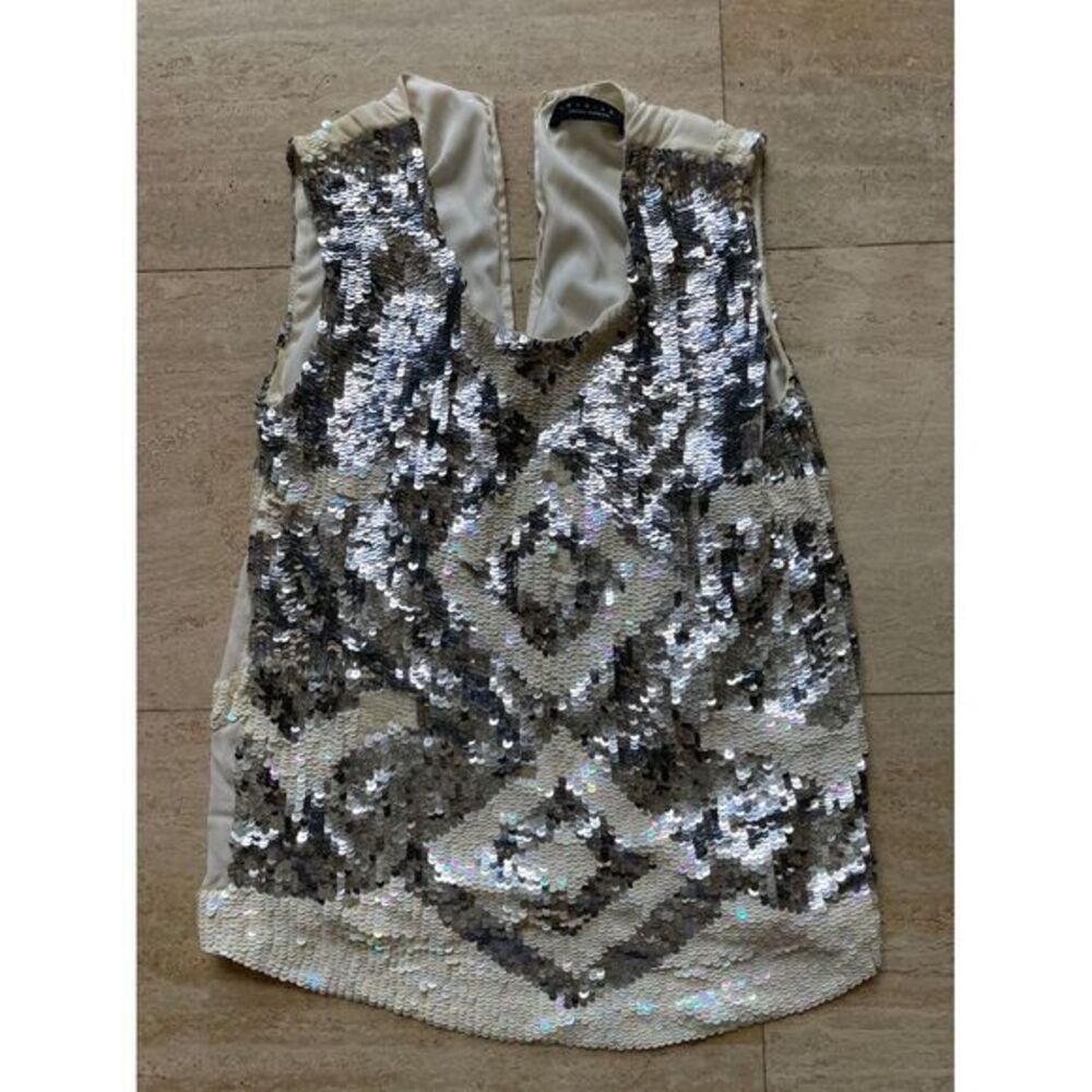 Twin-Set‎ Silver Sequin V-Neck Tank Top Party Evening Sleeveless Blouse M